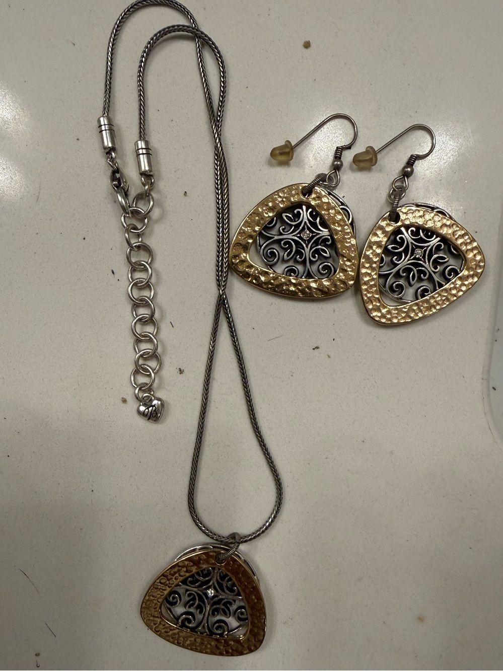 Brighton Two-Tone Hammered Gold & Silver Scrollwork Necklace Earrings Set